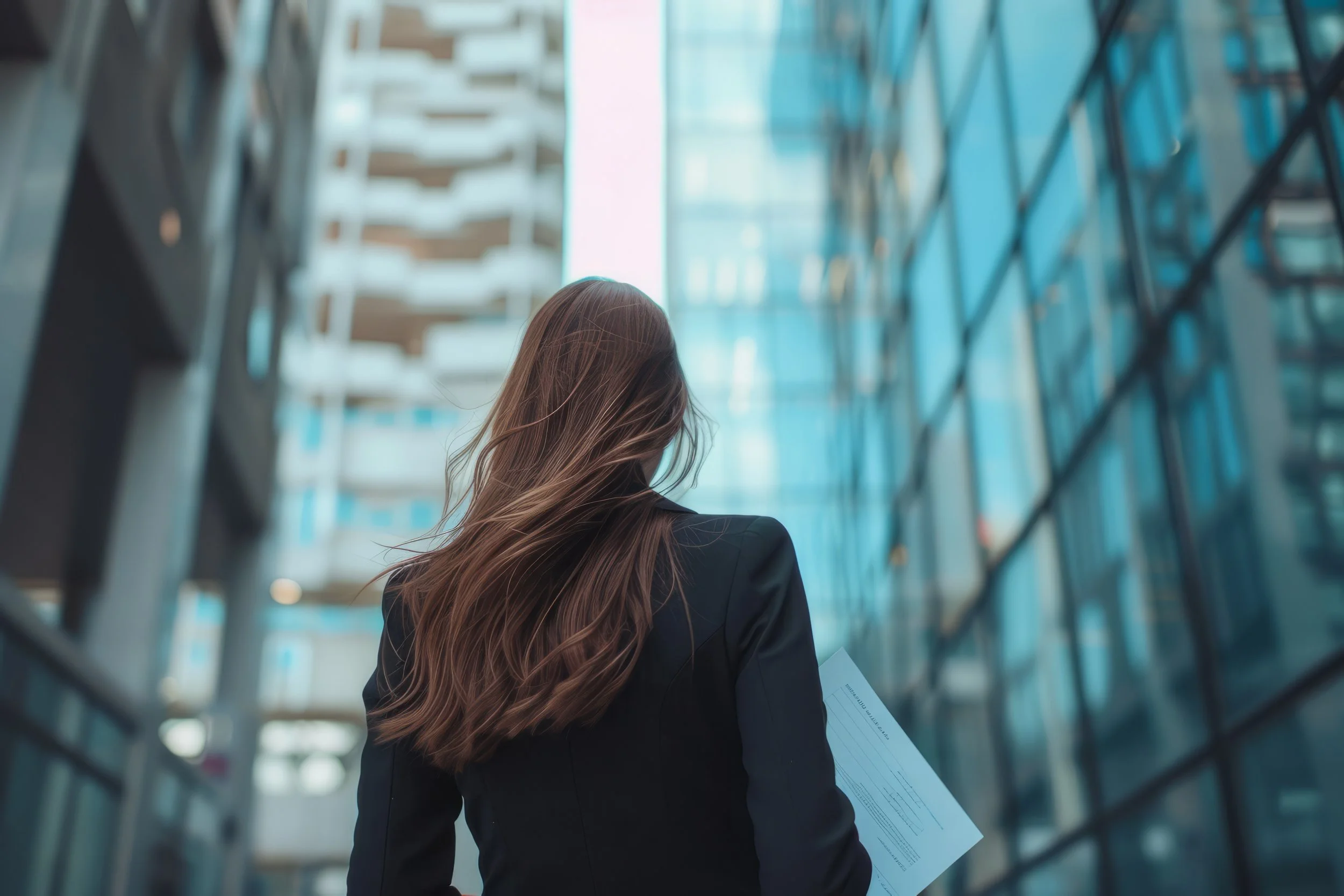 A woman with long brown hair wearing a black blazer holds a document or folder in a modern, glass-fronted building, possibly an office or conference center.
