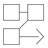 Flowchart with four empty boxes connected by lines and an arrow pointing to the right