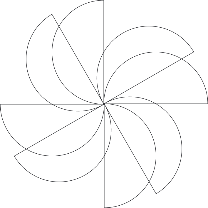 A geometric black-and-white spiral pattern with curved lines and angles creating a symmetrical design.