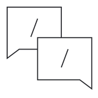 Two overlapping black and gray speech bubbles with lines indicating text inside.