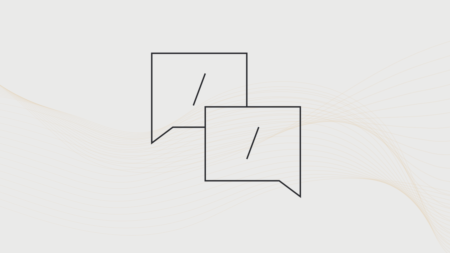Two speech bubbles with lines indicating dialogue, overlapping each other, on a light background with subtle wave patterns.