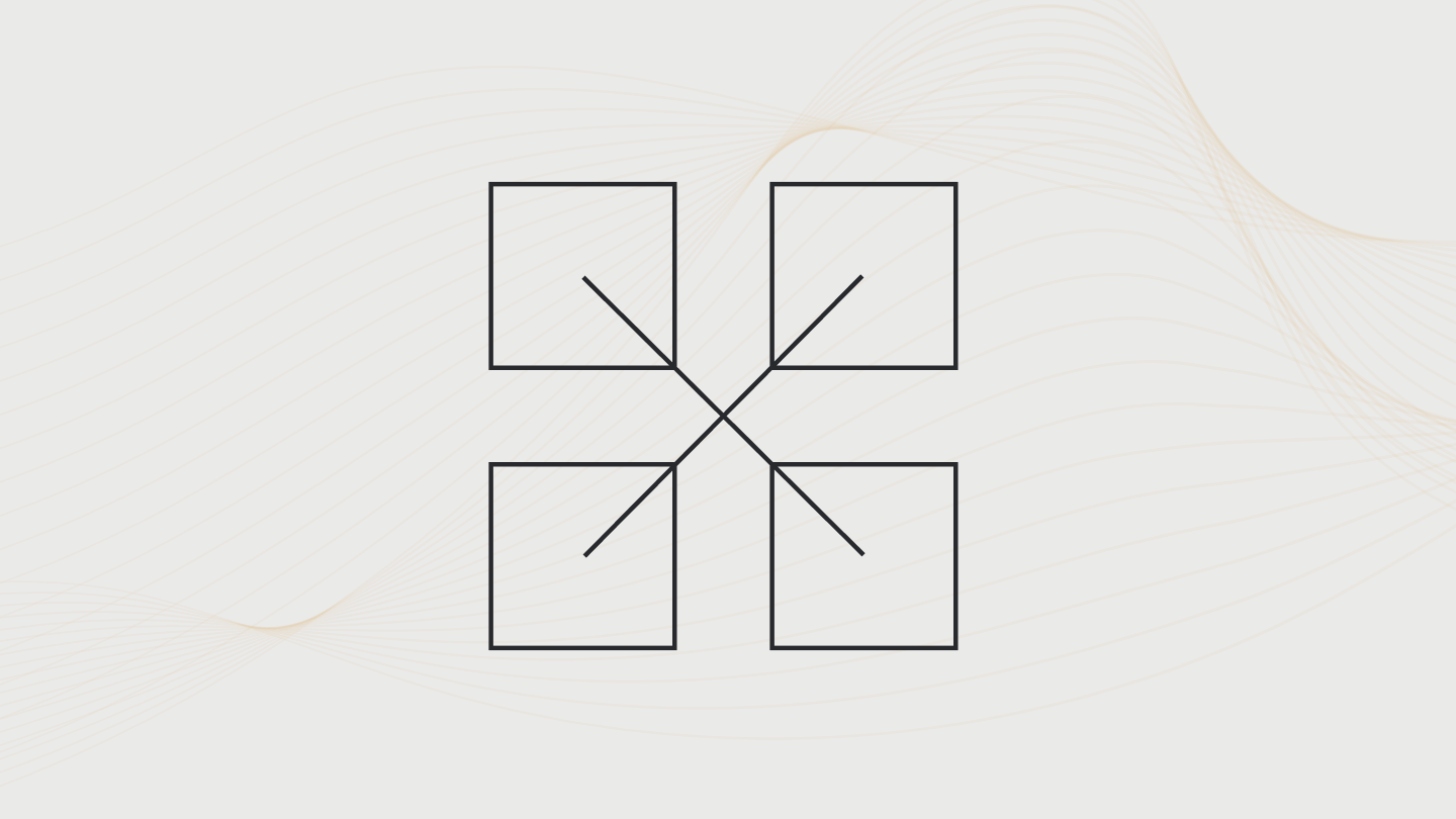 A diagram with four squares connected by lines, with diagonal lines inside each square.