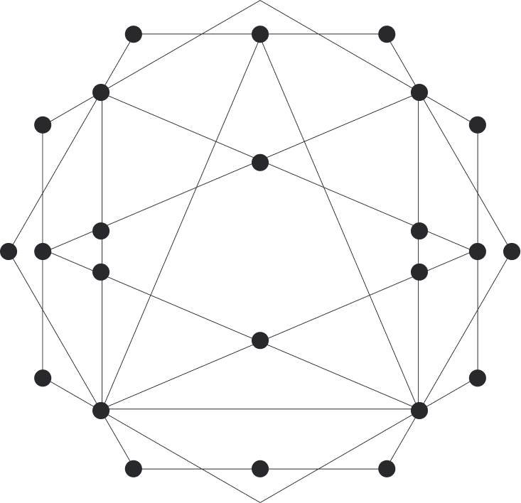 A geometric network with interconnected black nodes and lines forming a complex polyhedral pattern on a black background.