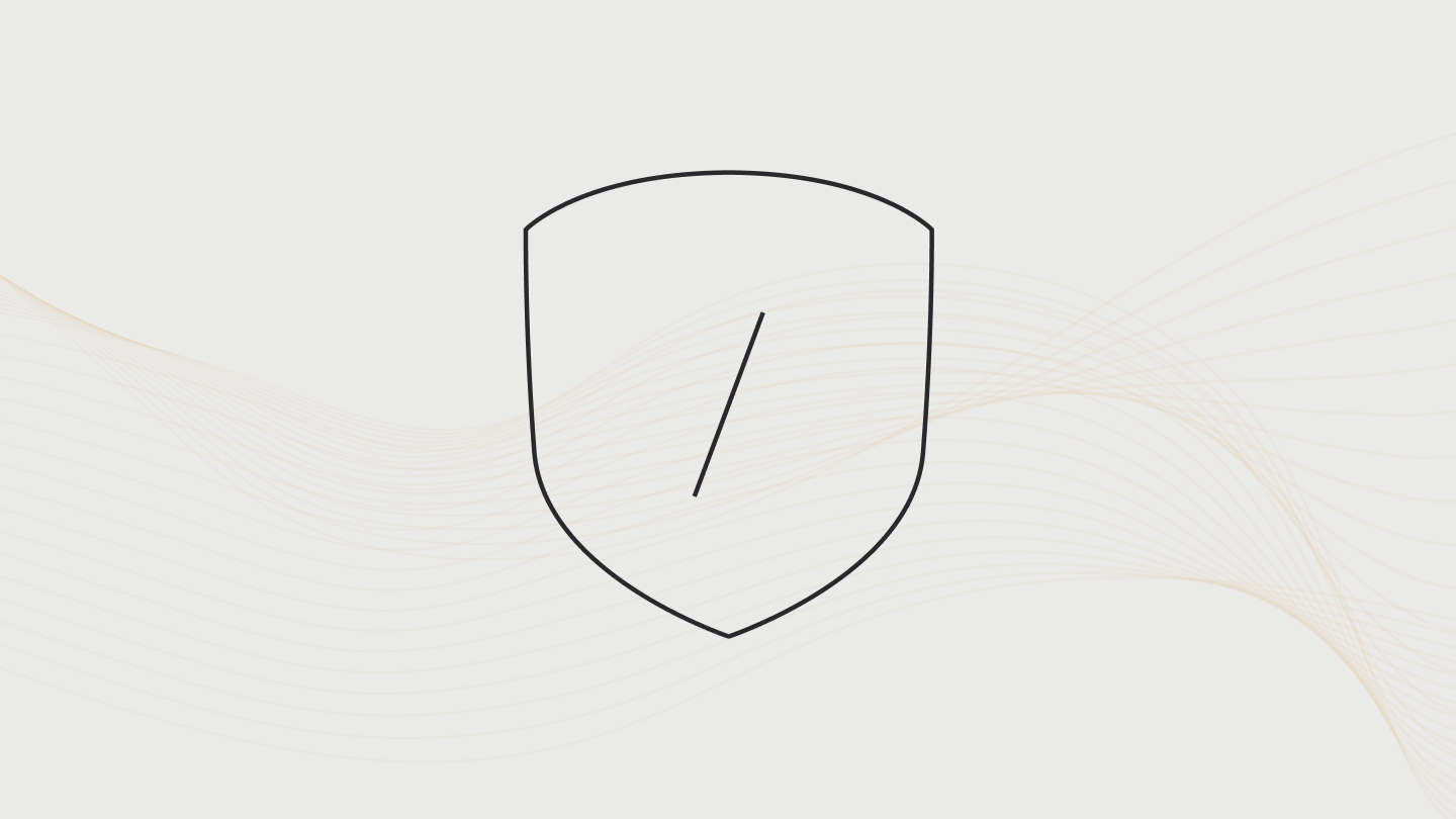 A minimalist illustration of a shield with a forward slash in the center, outlined in black against a light grey background with subtle beige wave patterns.