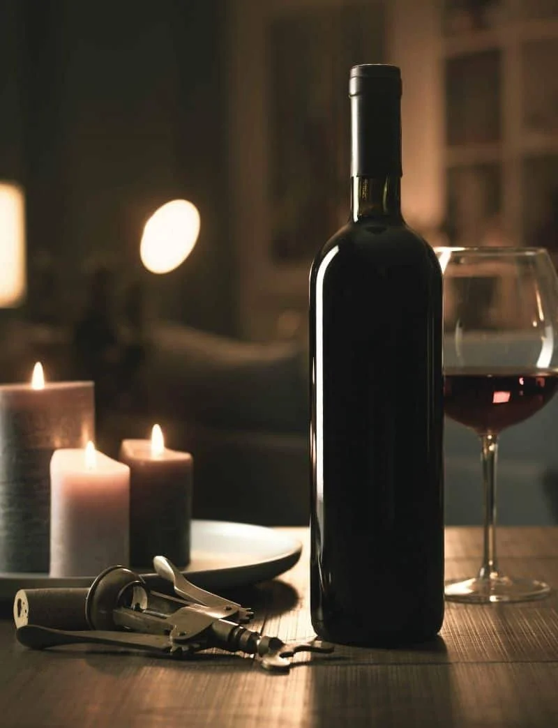A dimly lit lounge with candles burning and a bottle of exclusive red wine with a glass of wine on the table.