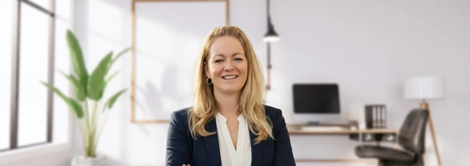 Raquel Dukic, your accountant with blonde hair wearing a business suit stands in a modern office with large windows, a desk with a computer, a black chair, and a potted plant.