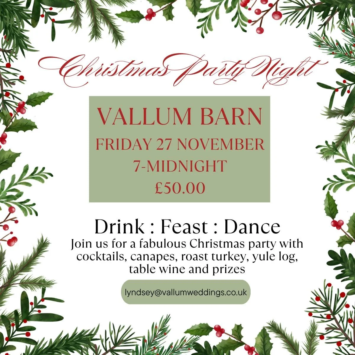 Get ready to sleigh the night away at Vallum 🎄✨

Join us for a magical Christmas Party Night filled with festive cheer, fabulous food, and dancing &lsquo;til midnight!

For &pound;50.00 per head, your evening includes:
🥂 Festive canap&eacute;s on a