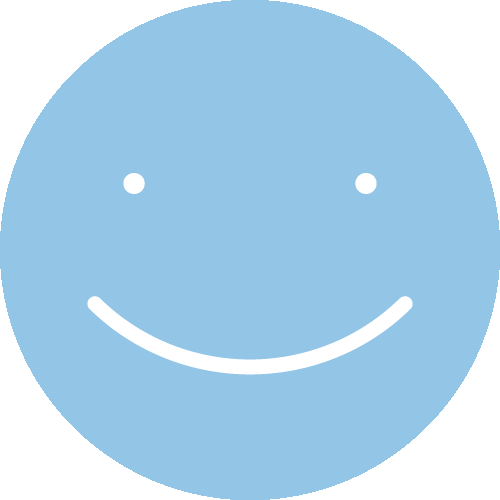 Ein blauer Kreis mit einem lächelnden Smiley-Gesicht, zwei kleine Augen und einem Bogen als Mund.