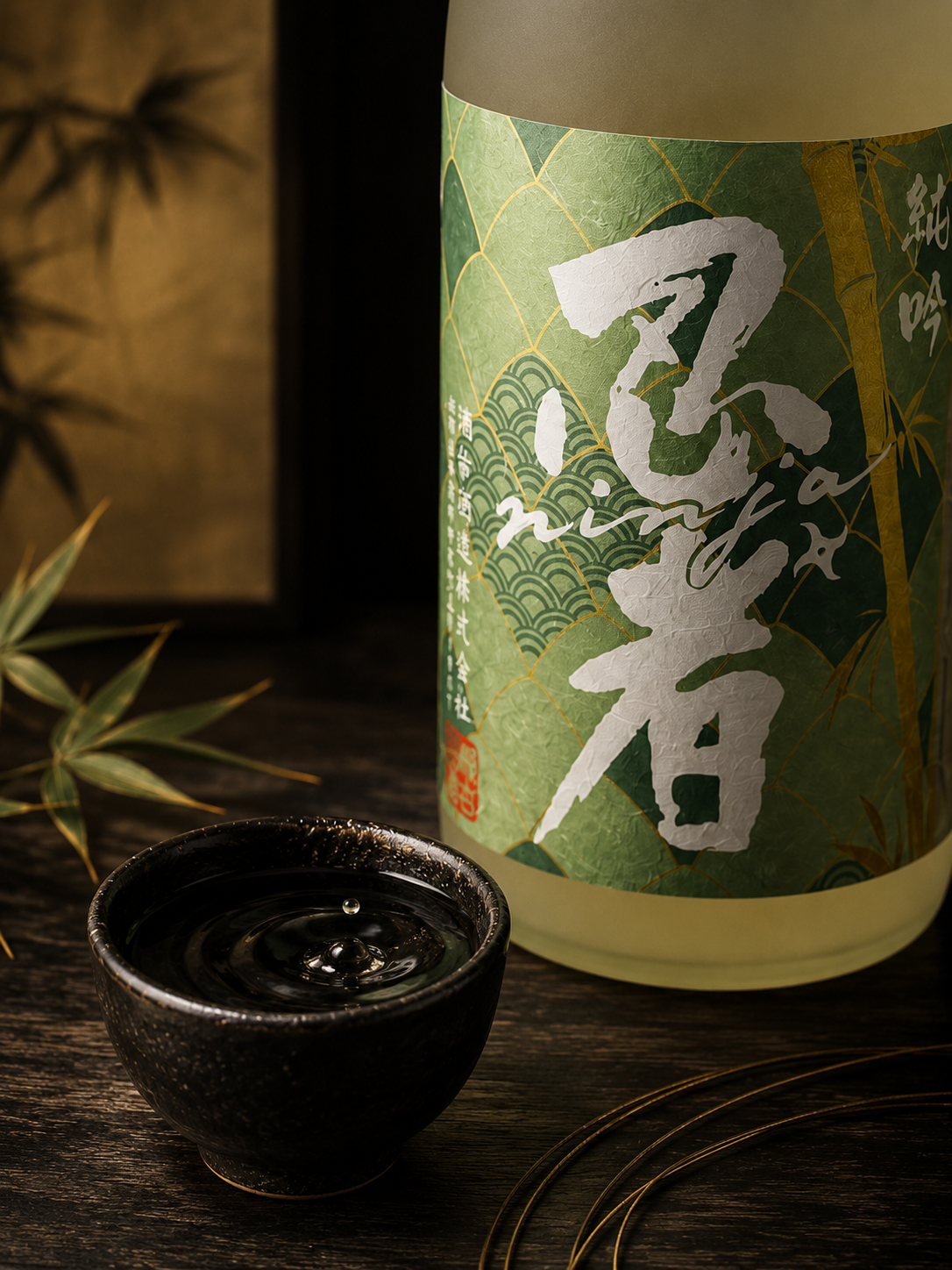 A dark ceramic cup filled with japanese sake, placed on a wooden surface, with a large bottle of NINJA Kinnorin Junmai Ginjo in the background.