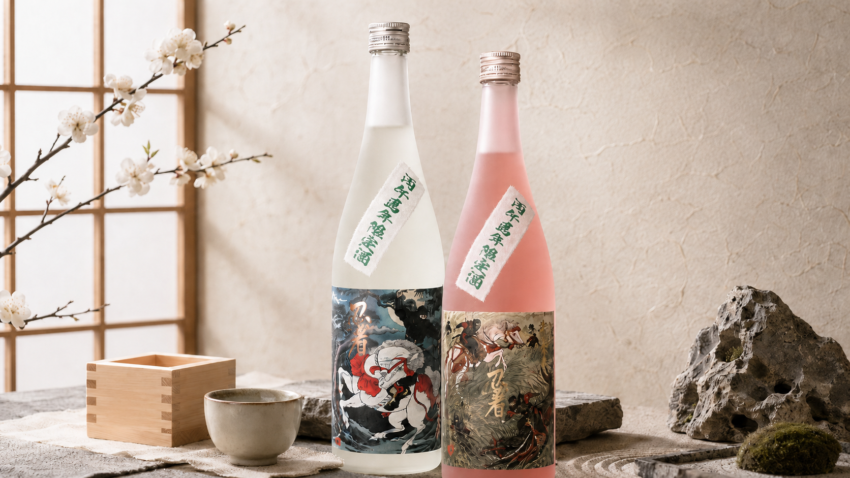Two decorative bottles of Japanese sake with traditional-style labels, placed on a textured surface next to a small wooden box, ceramic cup, and rocks, with a background of a beige wall, a wooden grid, and a blossoming branch.