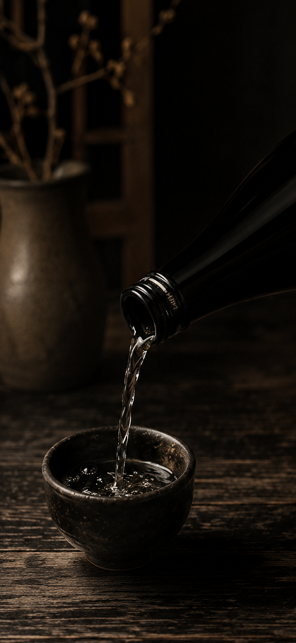 A black bottle pouring water into a black ceramic cup on a rustic wooden table, with a large clay vase and dried plant in the background.