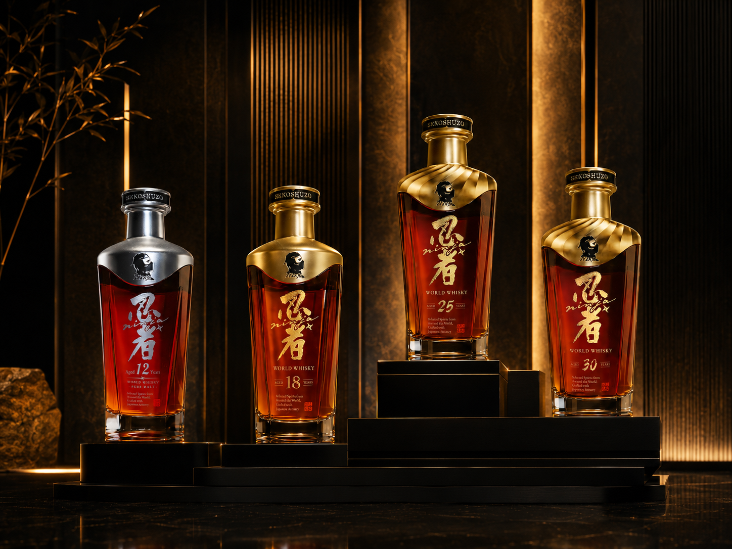 Four bottles of Nikka World Whisky with different ages displayed, set on black platforms in a luxurious gold-embellished display.