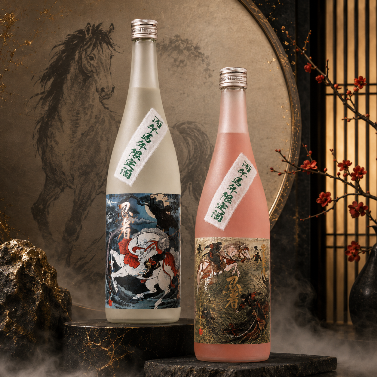 Two decorative bottles of Ninja Japanese Sake with traditional artwork, set against a backdrop featuring a horse painting and cherry blossom branch.