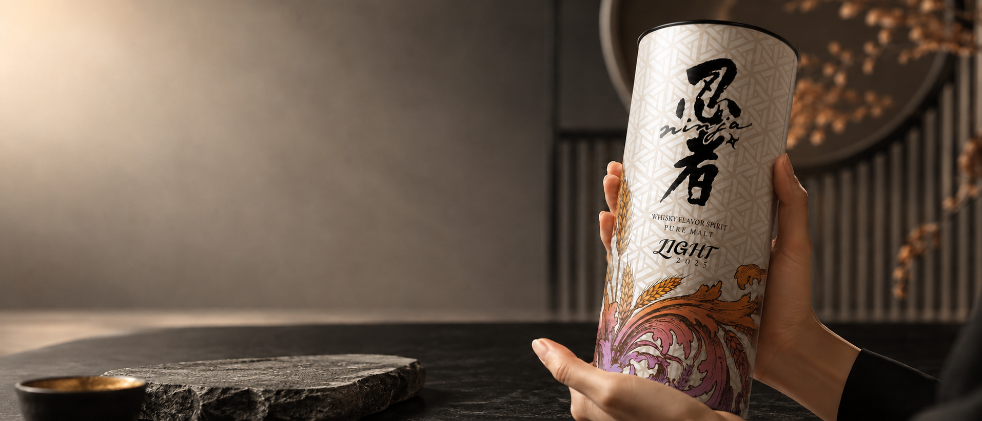 A person holds a Ninja 2025 Whisky Flavor Spirit Pure Malt Light.