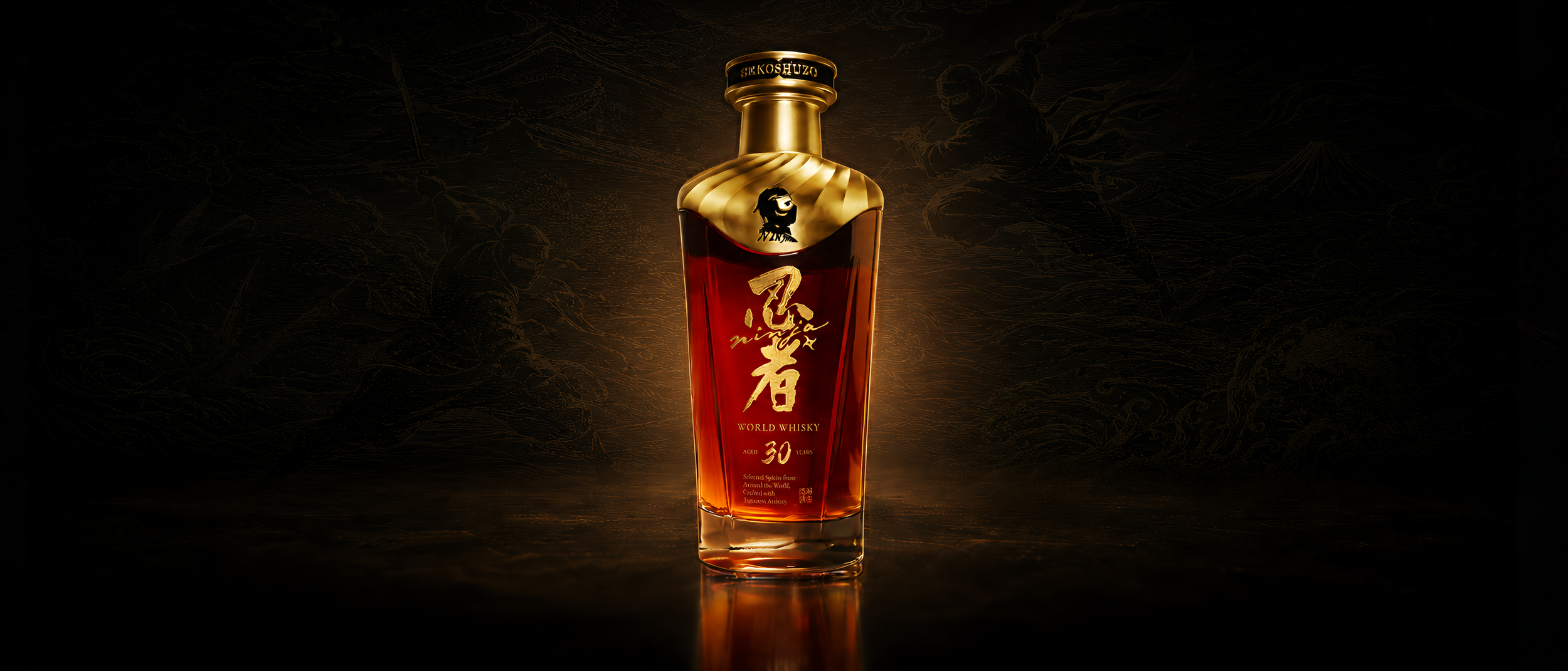 A tall, elegant bottle of Ninja 30 YO World Whisky with a gold cap and dark red liquid inside, set against a dark background with subtle decorative patterns.