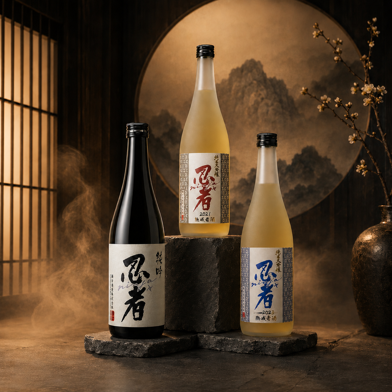 Three bottles of Ninja Japanese Sake on a dark wooden surface with an Asian style background featuring a circular painting of mountains and a branch with blossoms.