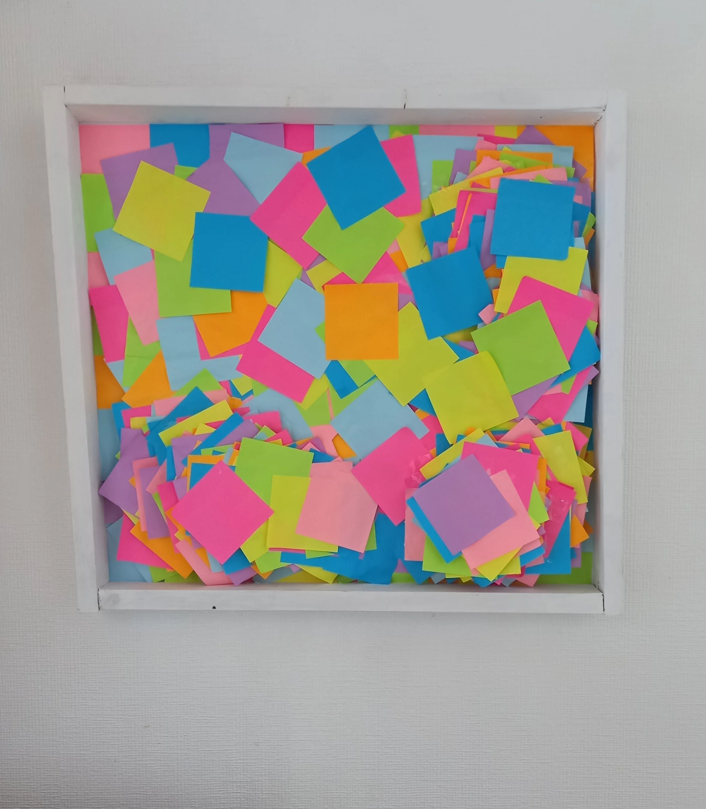 Having it all, 2025, post it notes in wooden frame  