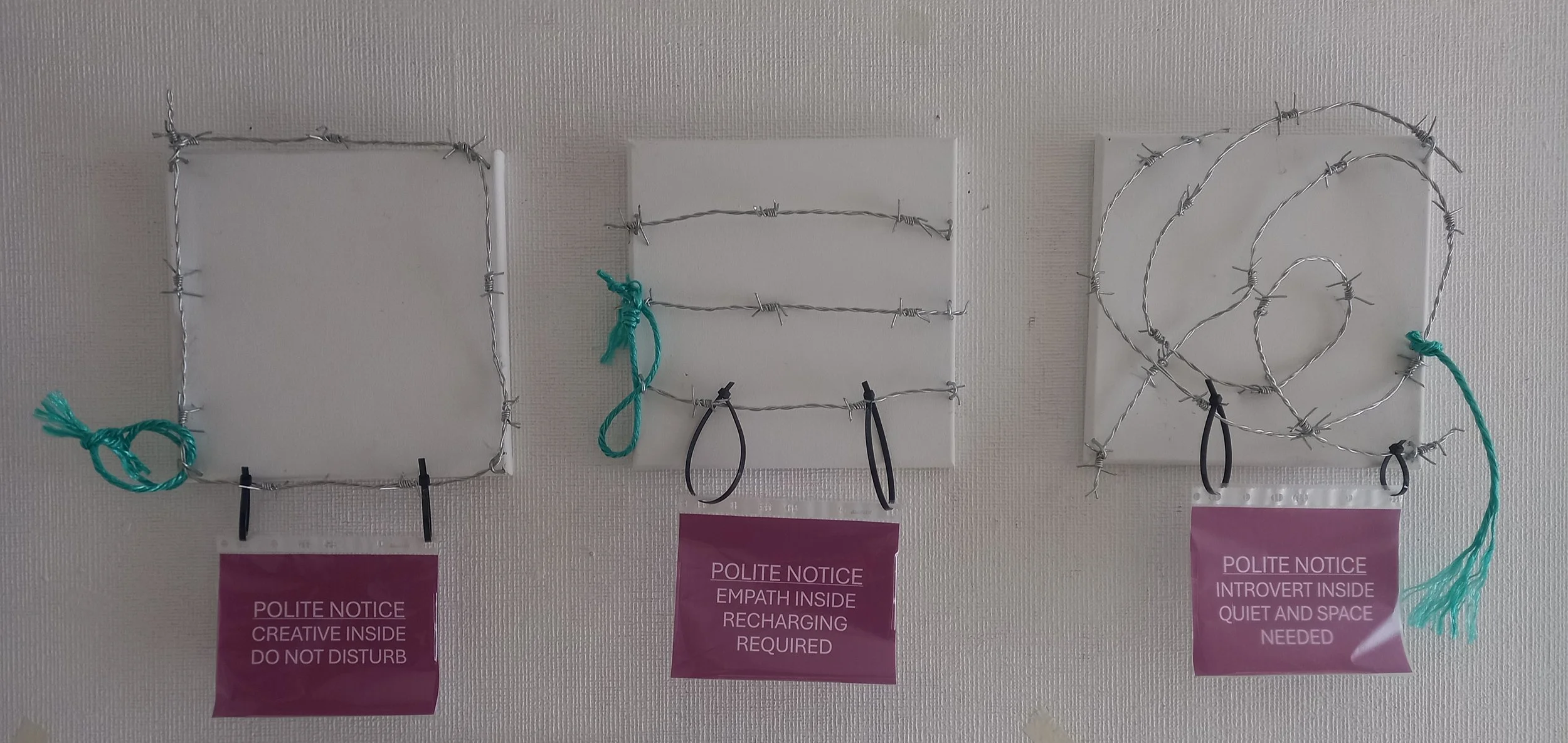 Leave me alone, 2025, barbed wire, rope, labels, cable ties  