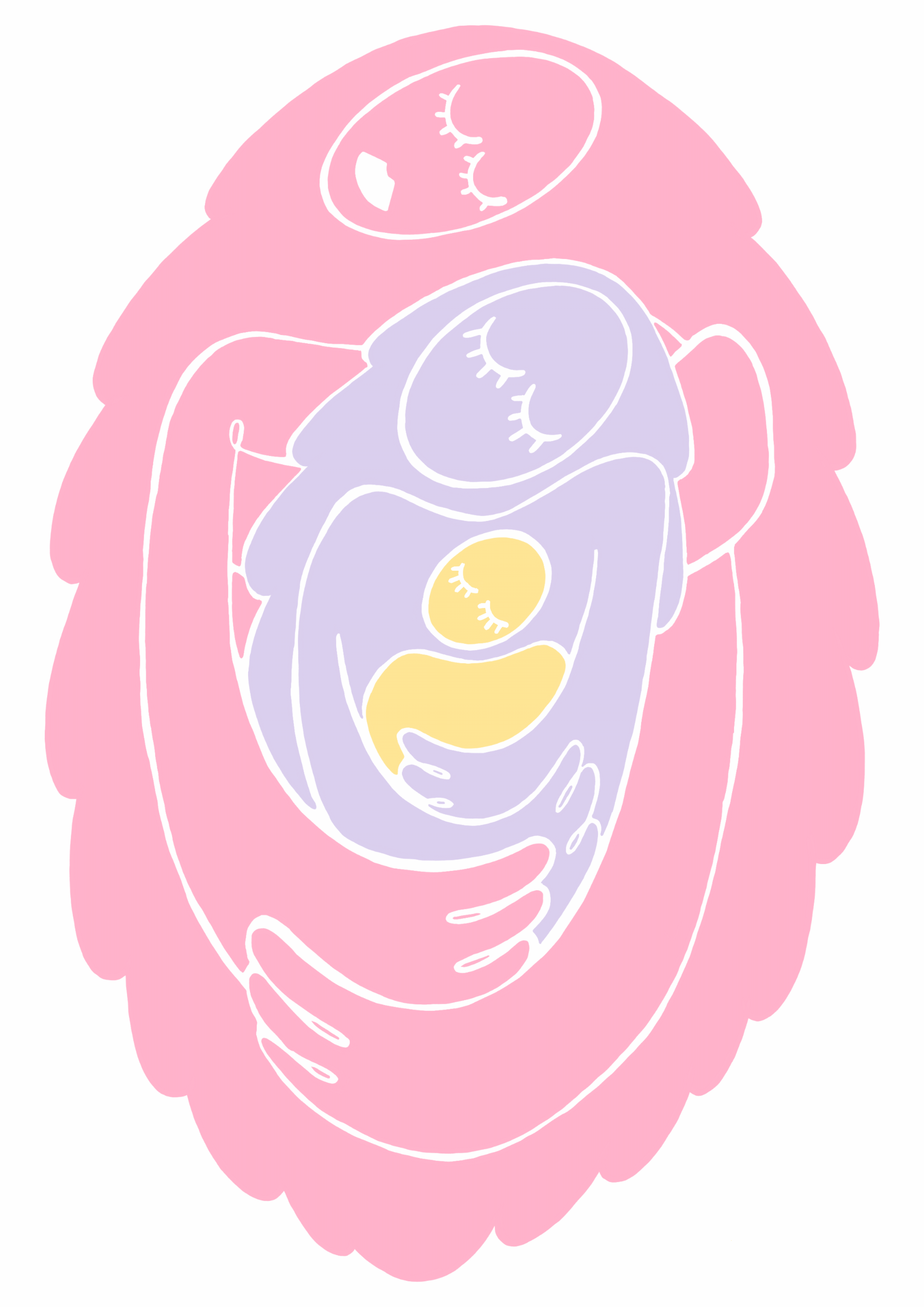 Illustration of three generations of women embracing, representing a grandmother, mother, and daughter, surrounded by abstract pink and purple shapes.