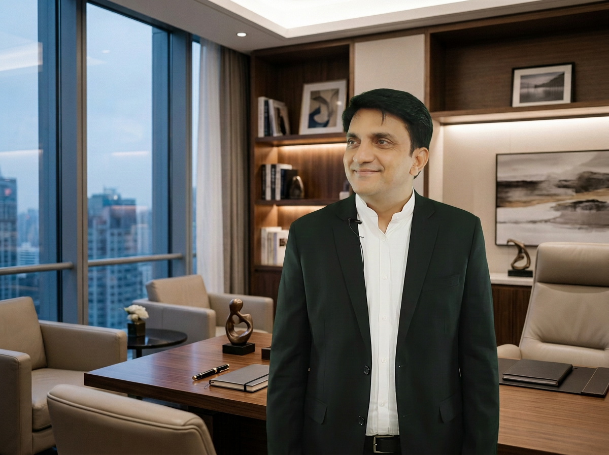 A man in a black suit and white shirt standing in a modern office with large windows, a wooden table, beige chairs, and artwork on the walls.