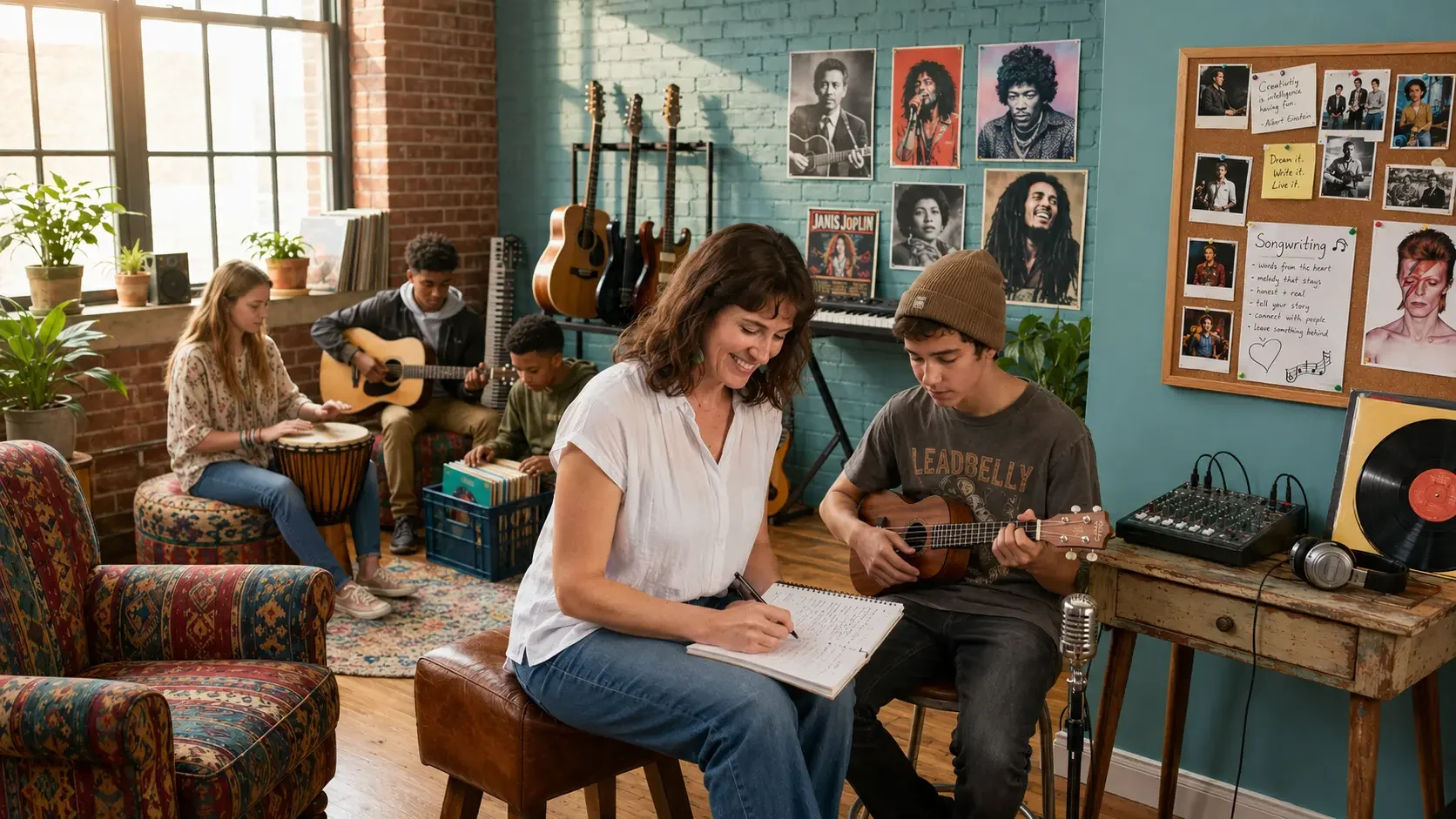 A Tuneagers music teacher partners with a local school to teach a music class. There are four students, some playing guitars, one on a drum, and one on a keyboard, with posters of musicians on the wall and musical equipment on a table.