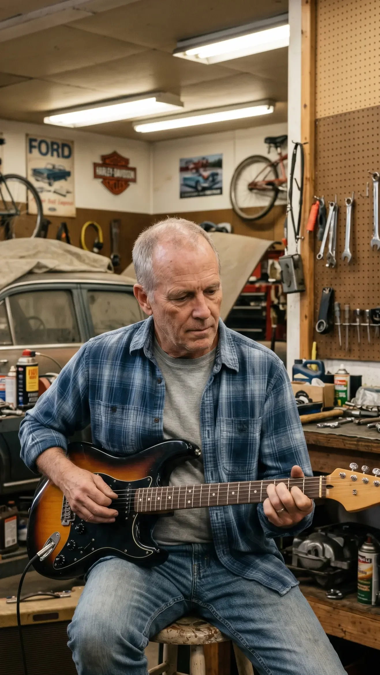 An older man with short gray hair playing an electric guitar in a cluttered workshop with car posters and bikes on the wall.