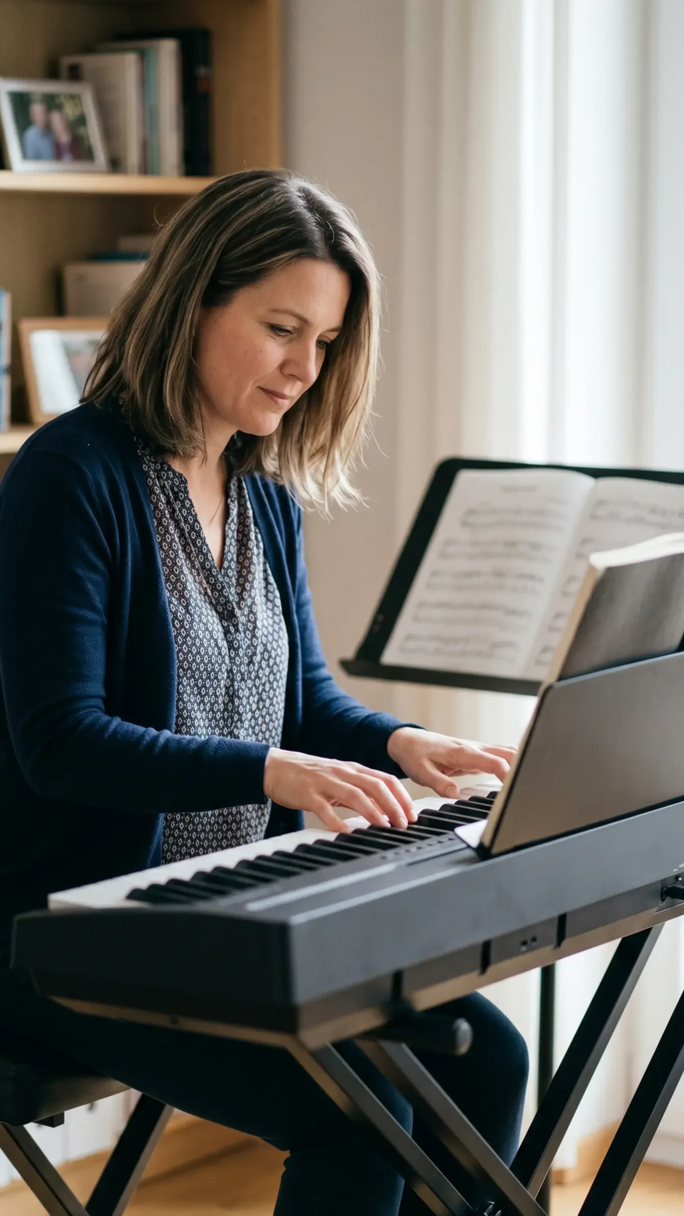 A woman playing a digital piano in a room with a music stand, bookshelf, and framed photographs.