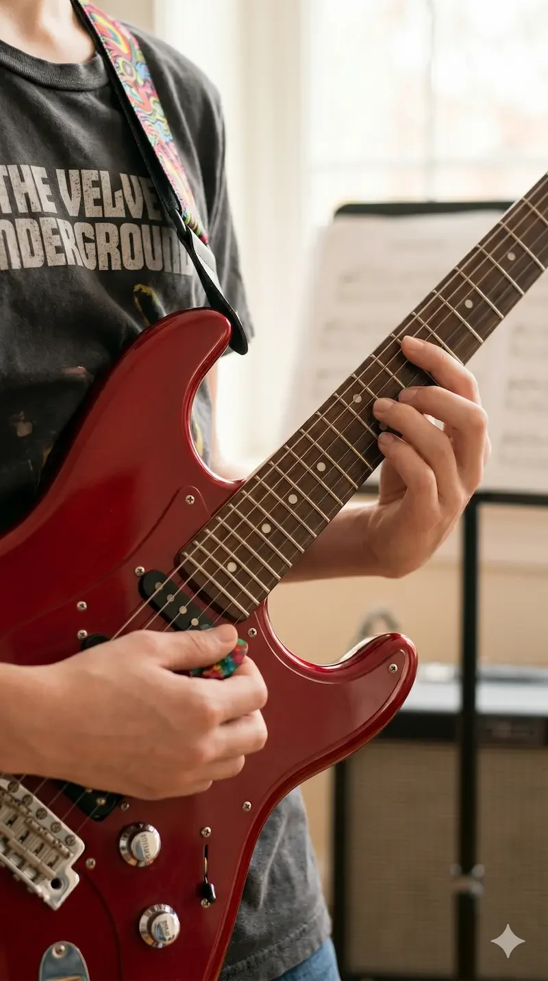 Person playing a red electric guitar, wearing a black T-shirt with a band logo, in a room with natural light and music sheet stand in the background.