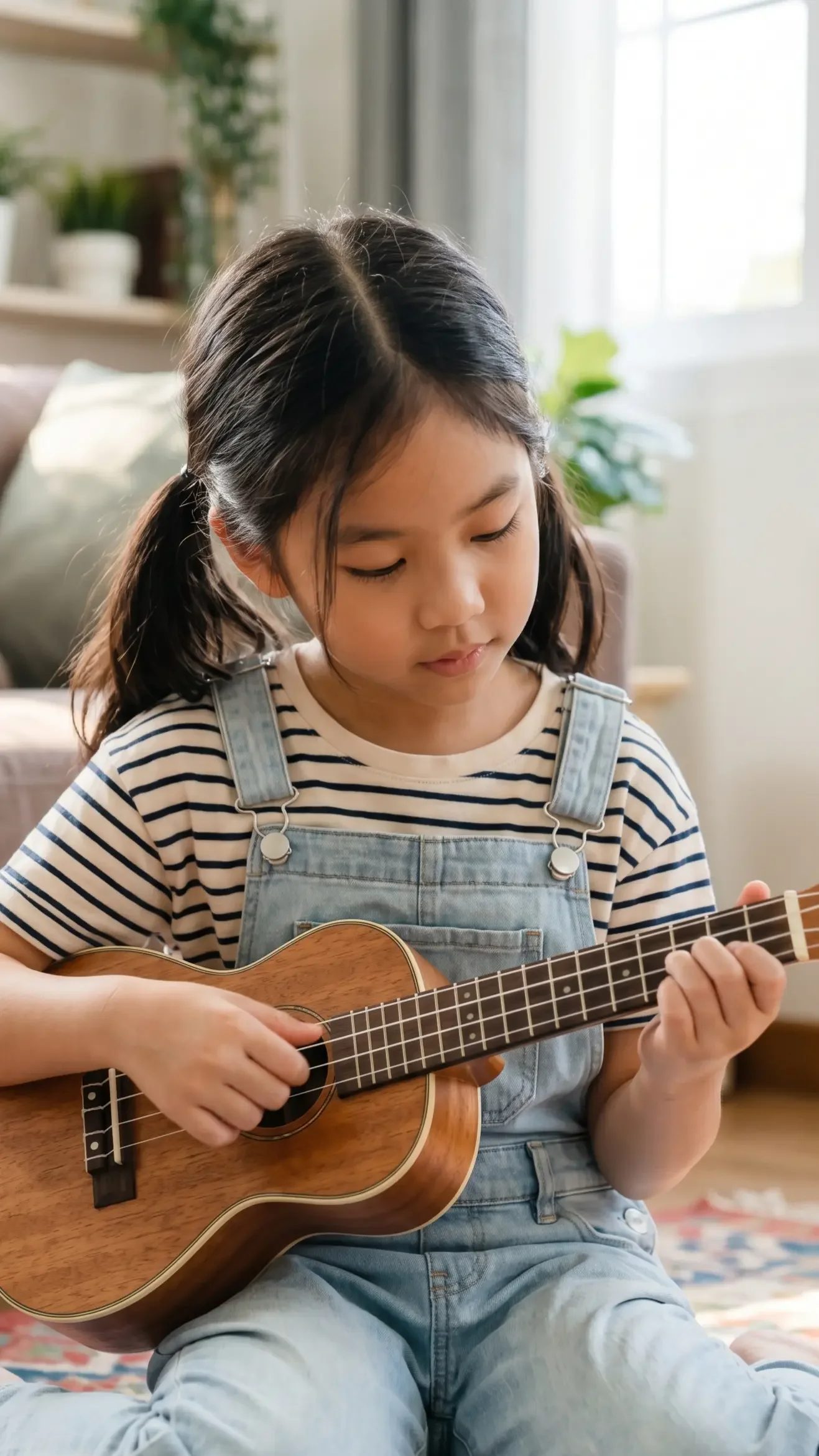 A young girl with pigtails playing an acoustic guitar inside a sunlit living room with plants and a patterned rug.