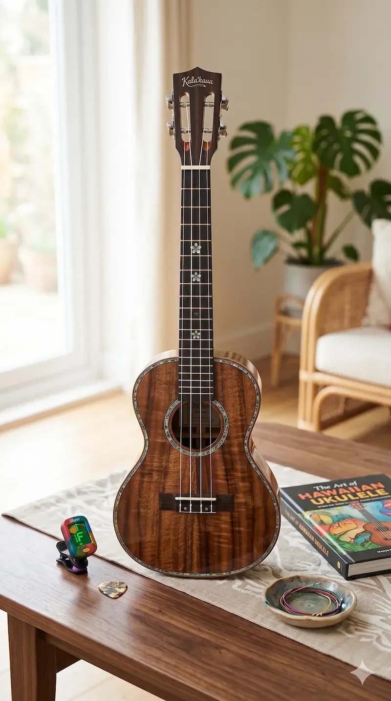 A wooden ukulele standing on a table in a livingroom with a window. Also on the table are a small electronic device, a book titled 'The Art of Hawaiian Ukulele,' a dish with colorful bracelets, and a guitar pick.
