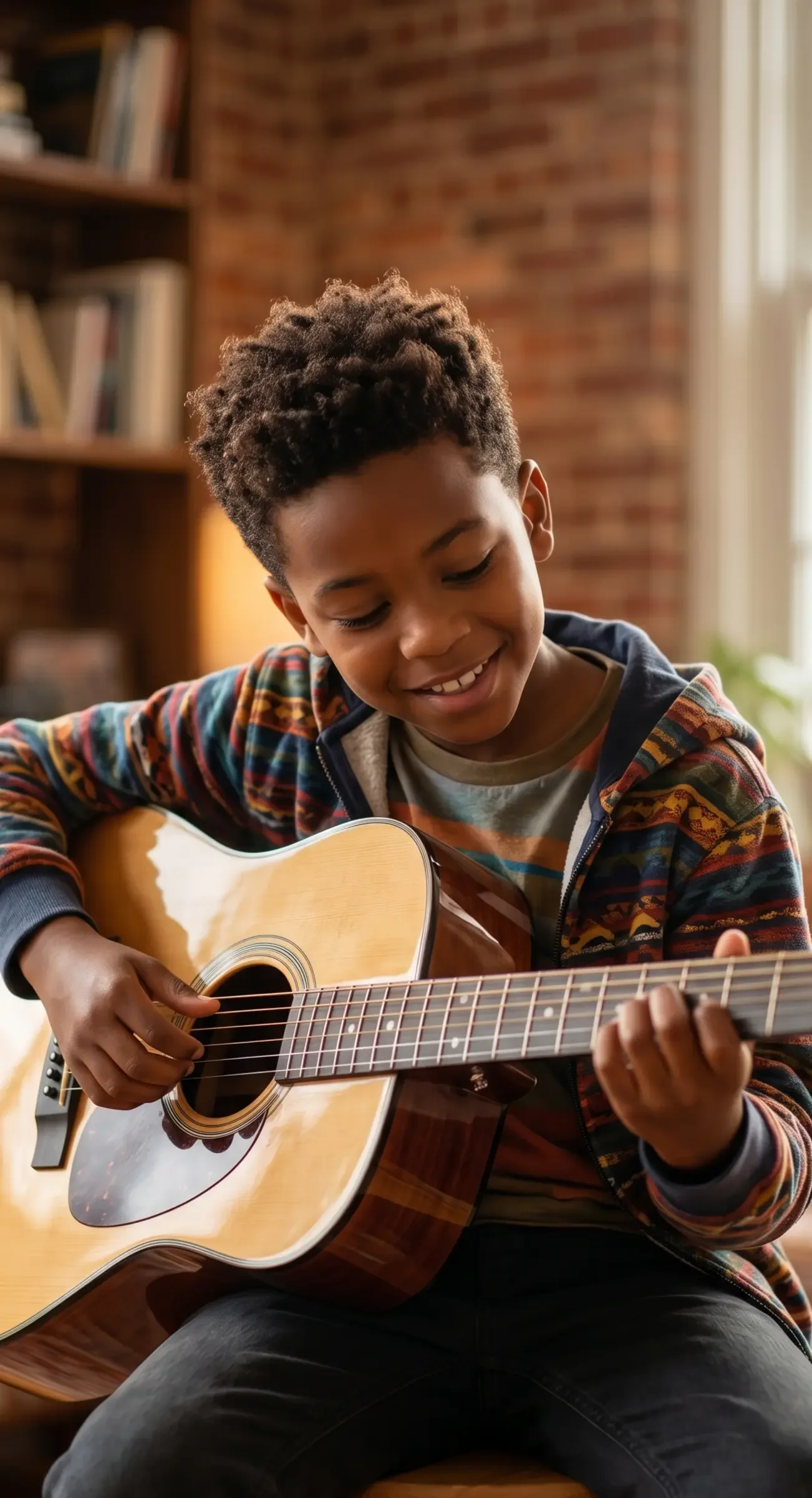 A young boy with curly hair playing an acoustic guitar indoors, sitting on a chair with a brick wall in the background, near a window with curtains.