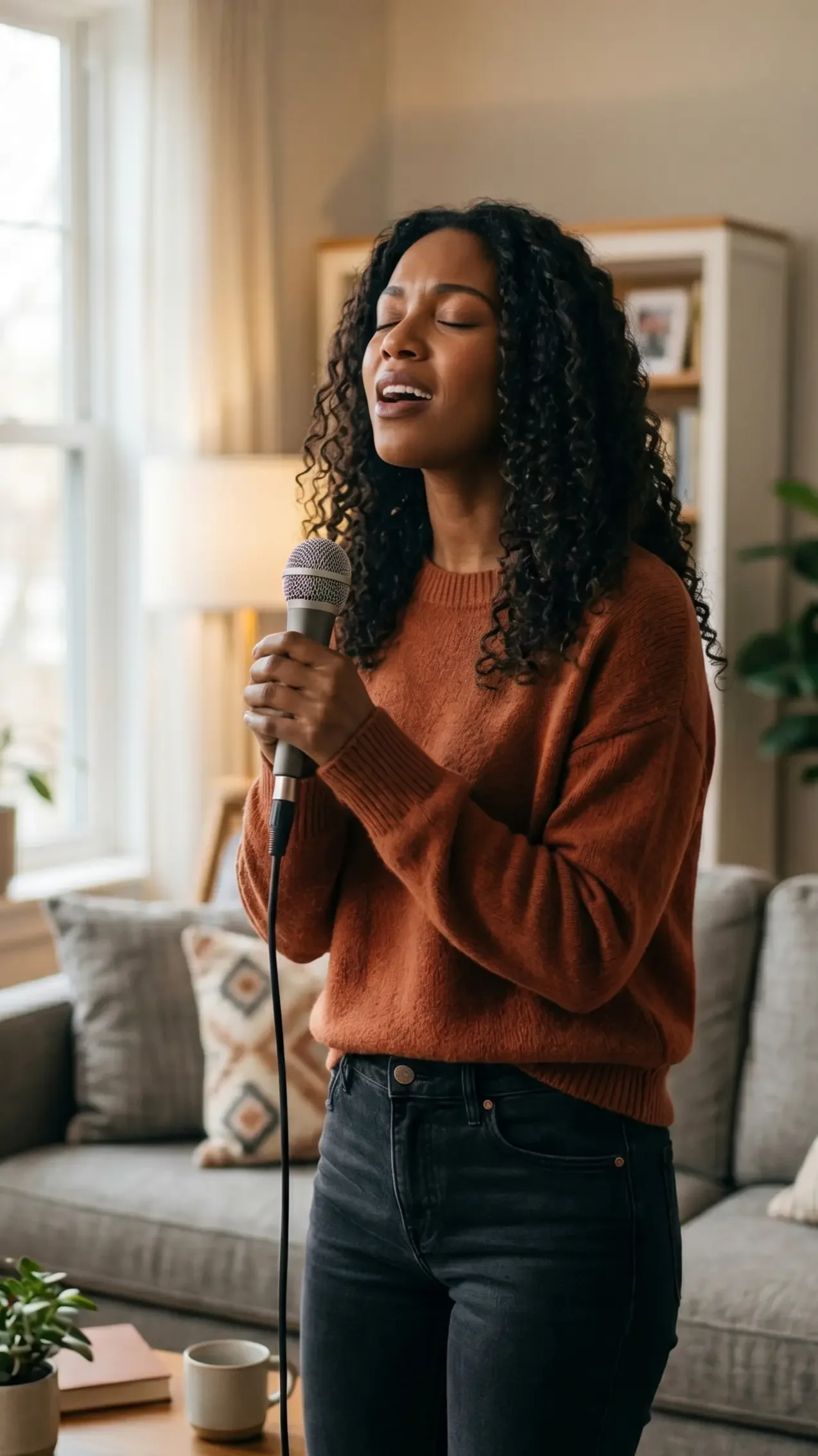A woman with curly black hair singing with closed eyes while holding a microphone in a cozy living room.