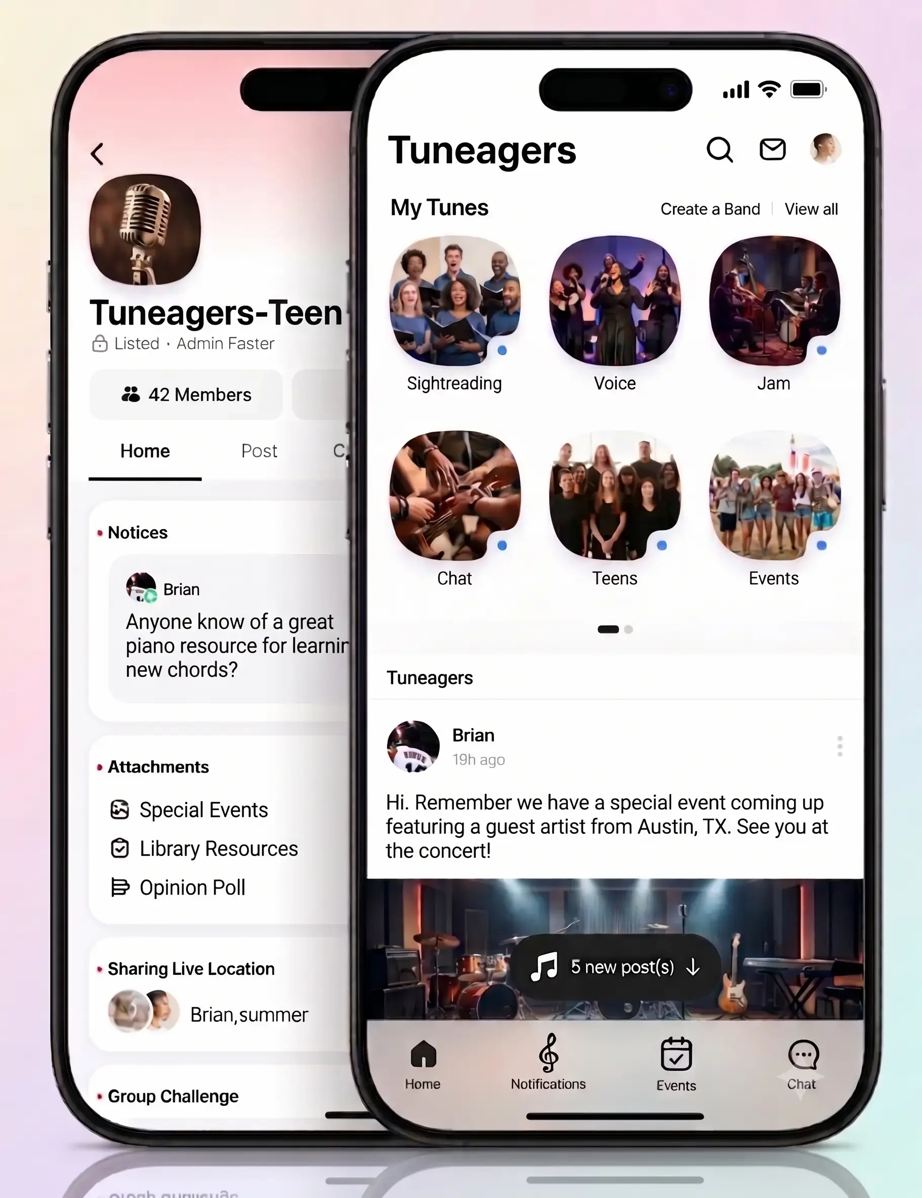 Smartphone screens showing a music app called Tuneagers with music categories like Sightreading, Voice, Jam, Chat, Teens, and Events.