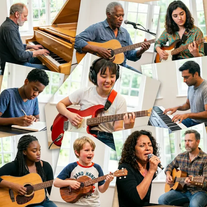 A diverse group of people are playing and practicing various musical instruments including piano, guitar, and ukulele in a bright indoor music studio.