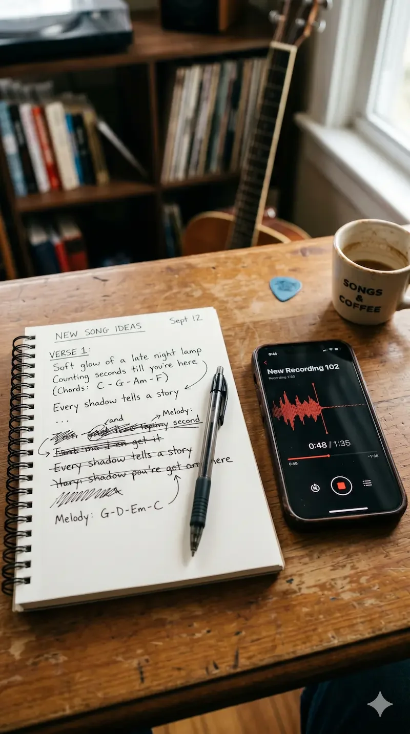 A cozy workspace with a notebook titled 'NEW SONG IDEAS' open to handwritten song lyrics and chords, a pen resting on it, a smartphone recording audio, a cup of coffee with 'SONGS & COFFEE' printed on it, a guitar leaning against a bookshelf filled with books, a blue guitar pick, and a window providing natural light.
