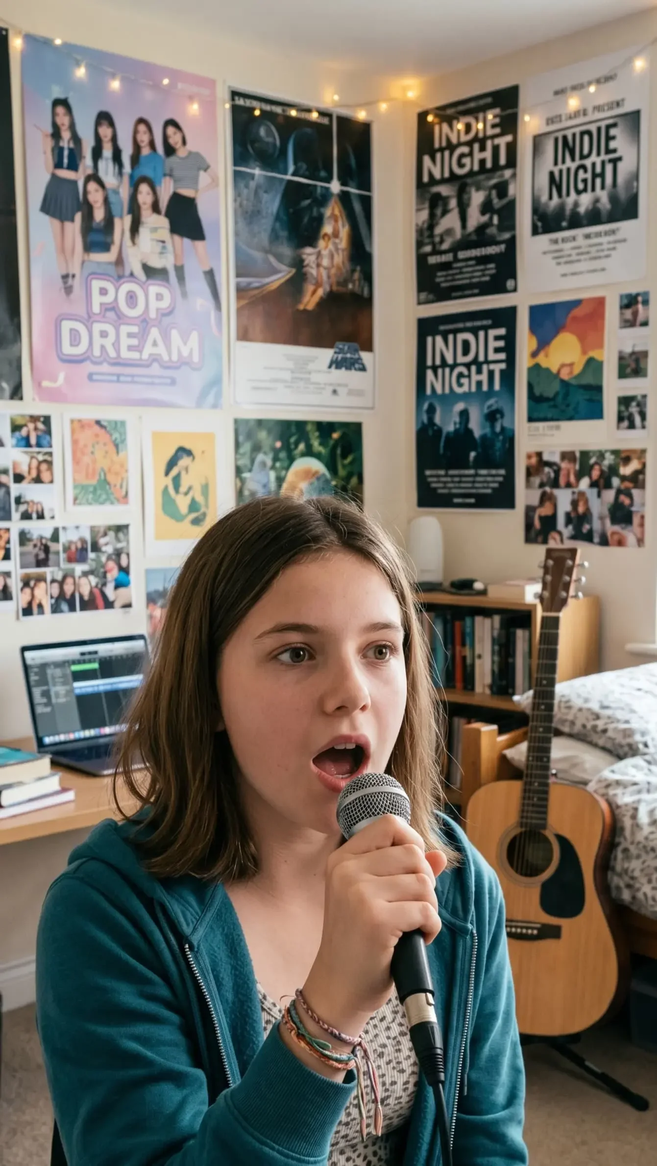 A young girl with shoulder-length brown hair singing into a microphone in a bedroom, with posters on the wall, a guitar, books, and a laptop in the background.