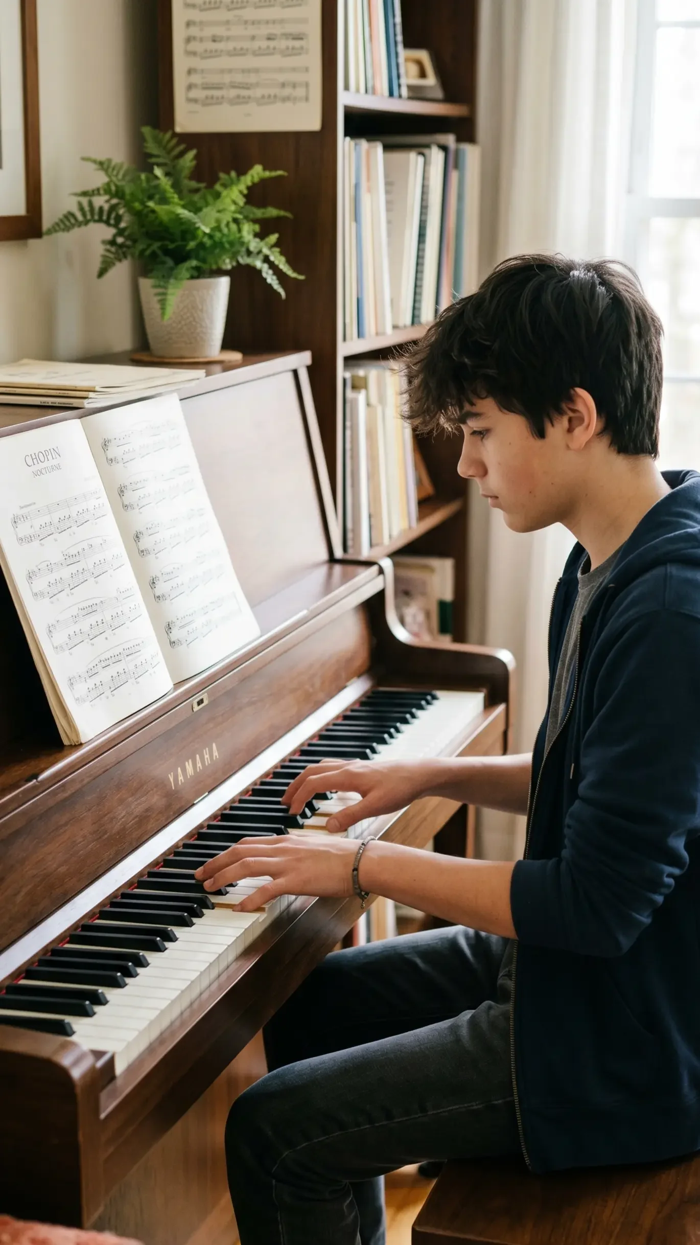 Young man playing the piano indoors, sheet music open on the piano, bookshelf and a potted fern visible in the background.