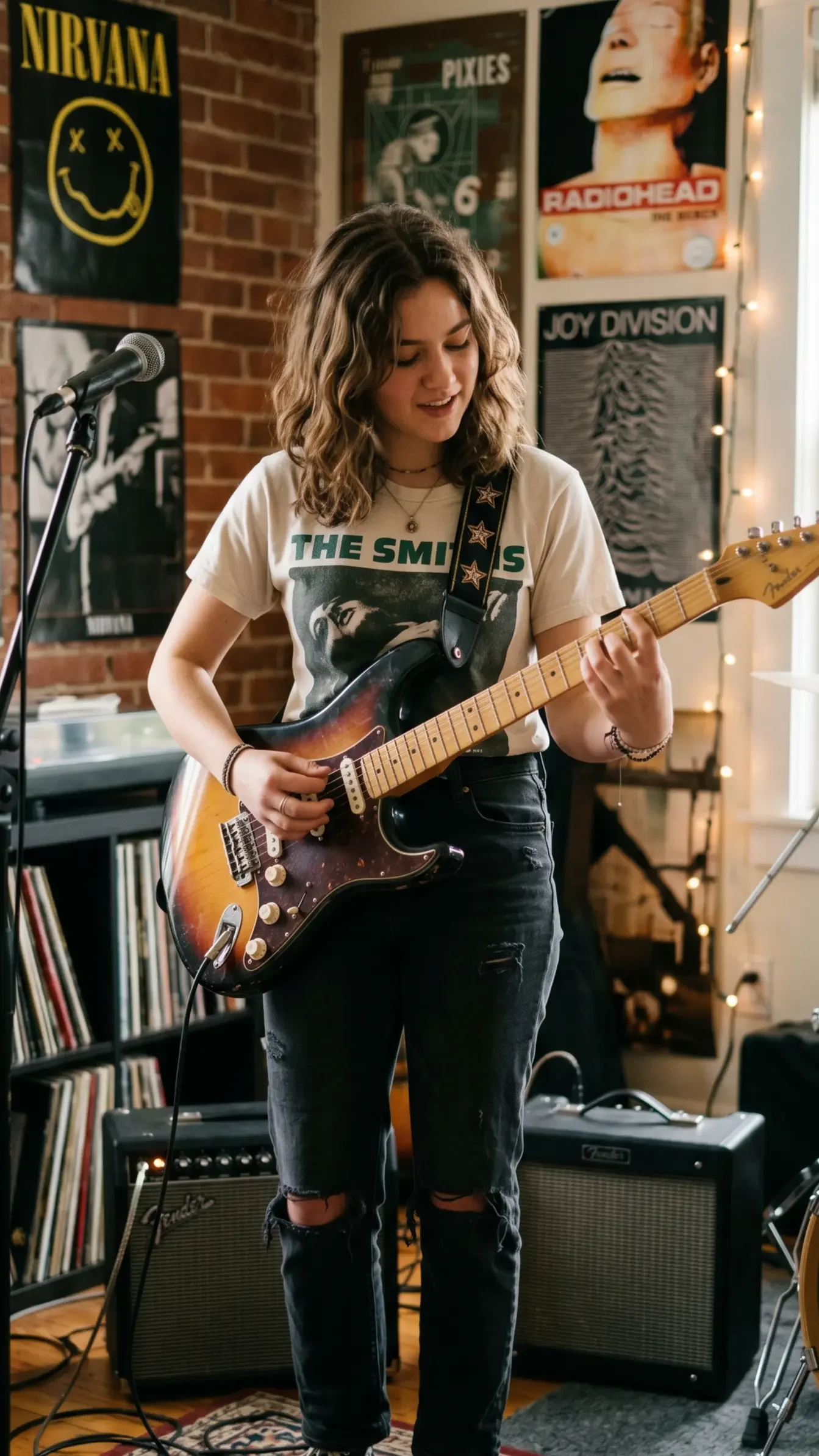 A woman playing an electric guitar in a room with brick walls decorated with posters of Nirvana, Pixies, Radiohead, and Joy Division, and musical equipment.
