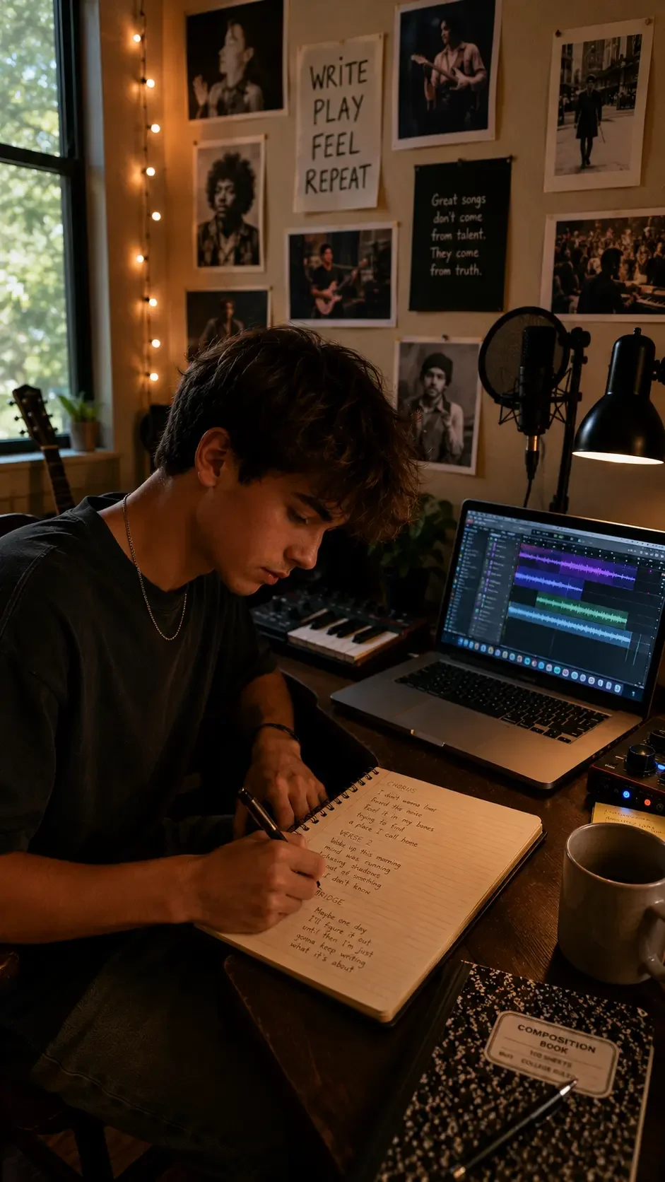 A young man with dark hair writing lyrics in a notebook at a music studio or home studio, surrounded by a computer, musical equipment, and posters of musicians on the wall.
