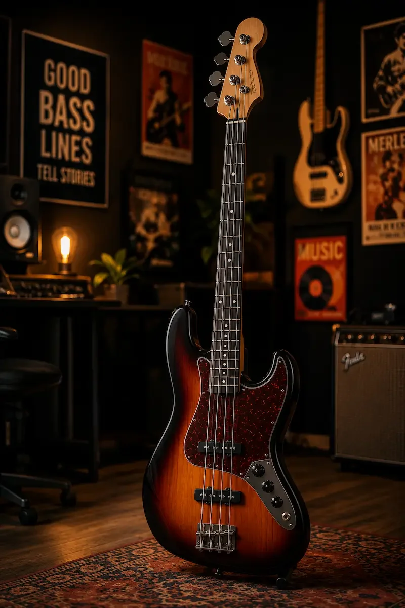 A sunburst electric bass guitar standing on a patterned rug in a music studio with posters on the wall and sound equipment.