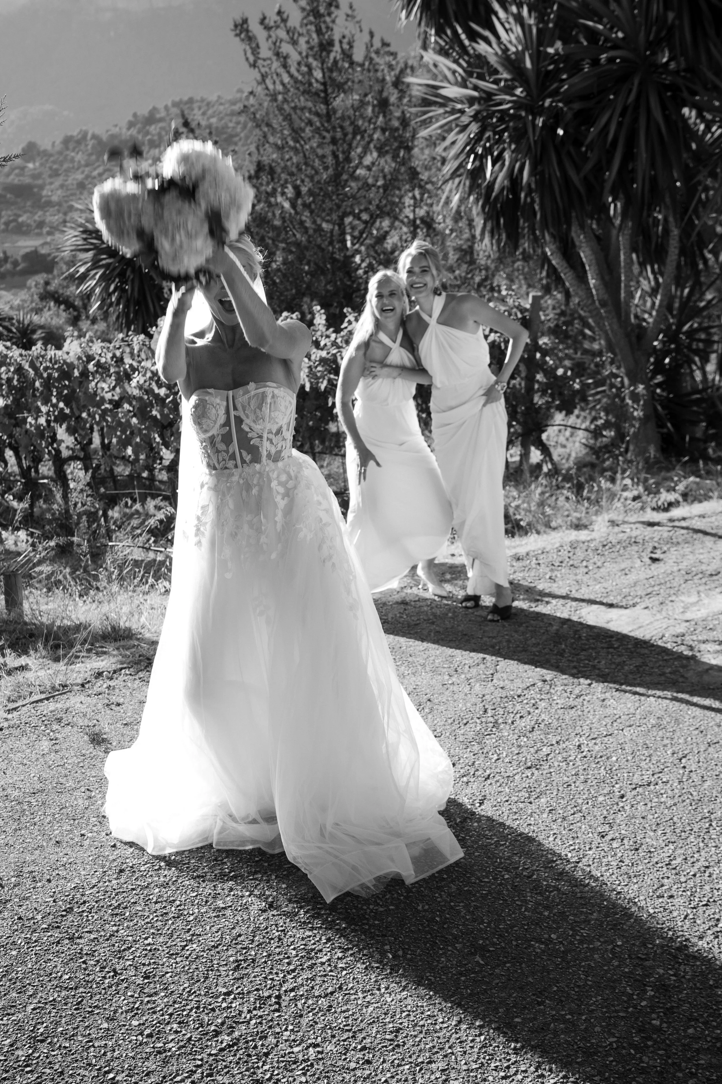 Bride walking portrait Mallorca - wedding dress in motion - documentary photography