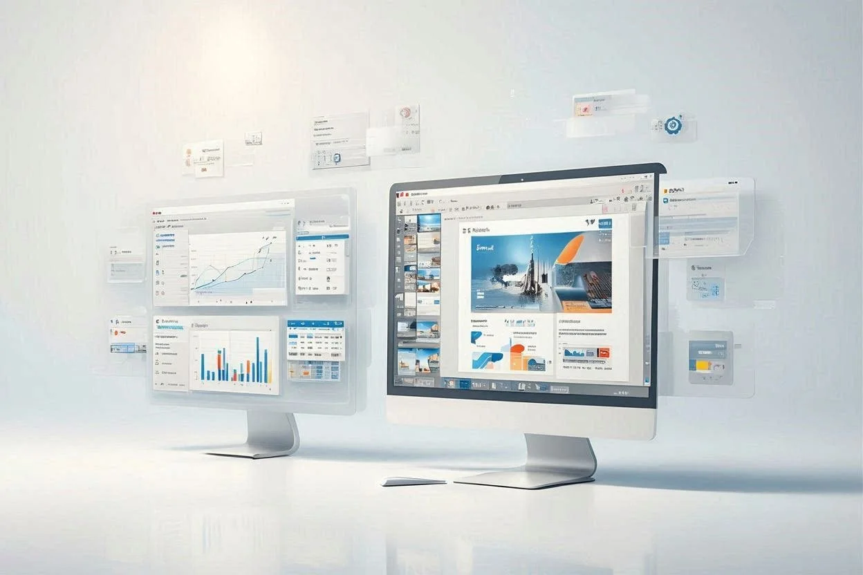Two computer monitors on a white desk displaying digital dashboards with charts and graphs.