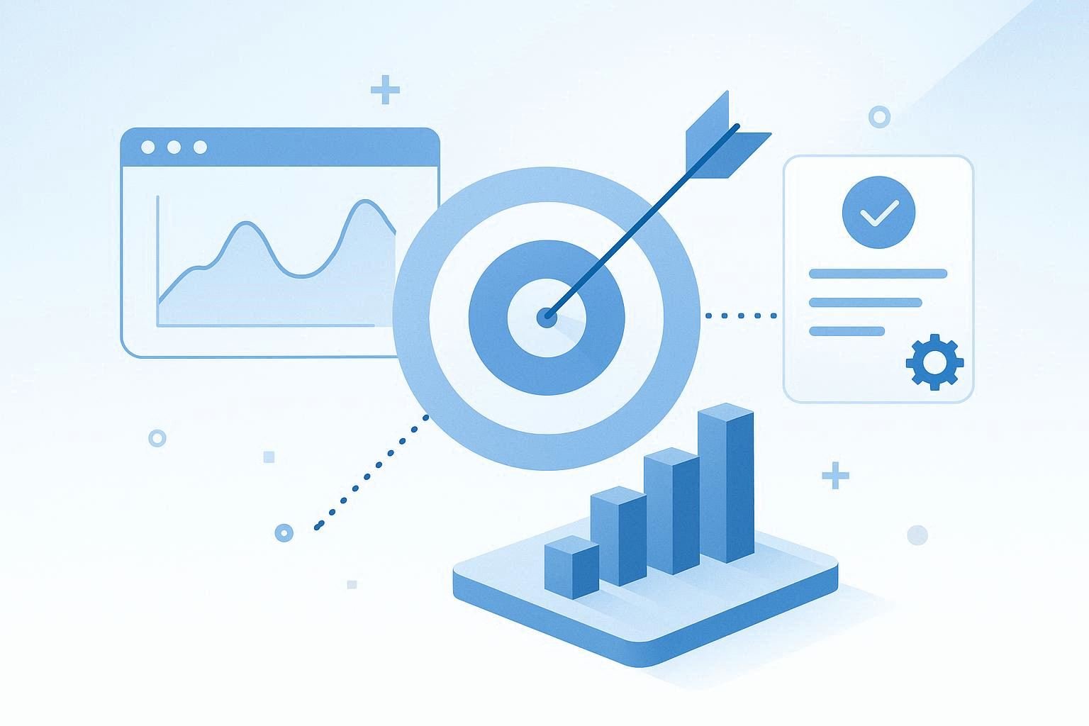 Illustration of a target with an arrow hitting the bullseye, surrounded by graphs, charts, and analytics icons in shades of blue.