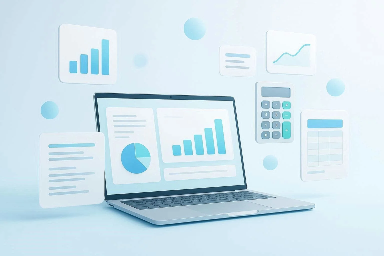 Laptop displaying financial charts and graphs, surrounded by floating financial icons including a bar graph, line graph, pie chart, calculator, text documents, and spreadsheet, in a digital business or finance concept.