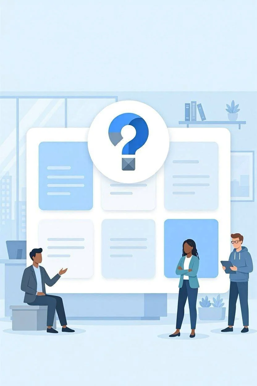Illustration of three people in an office setting discussing and pointing towards a large screen displaying documents and a large question mark icon above it.