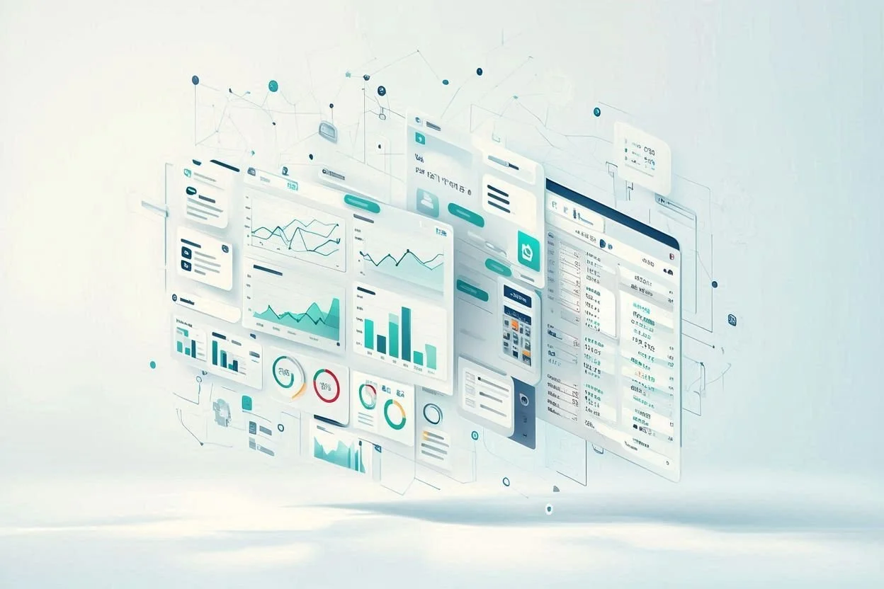 Digital interface displaying various charts, graphs, and data analytics on a floating screen.