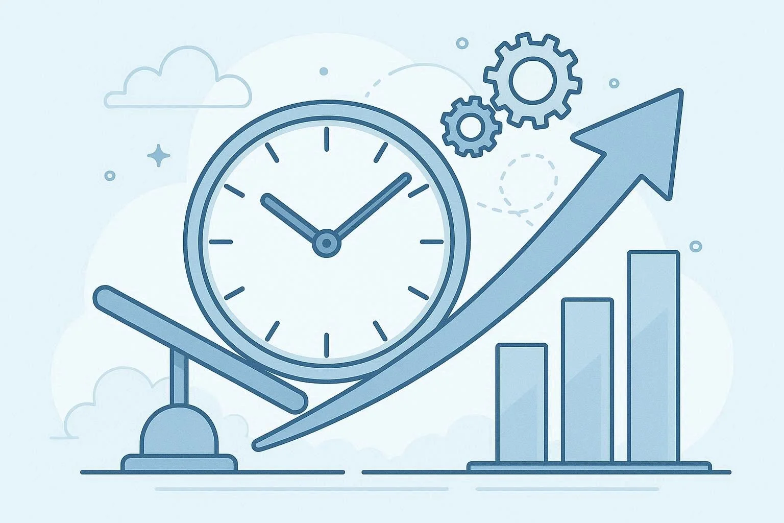 A graphic representation of time management and productivity with a clock face, gears, a rising arrow, and bar charts, all in blue tones.