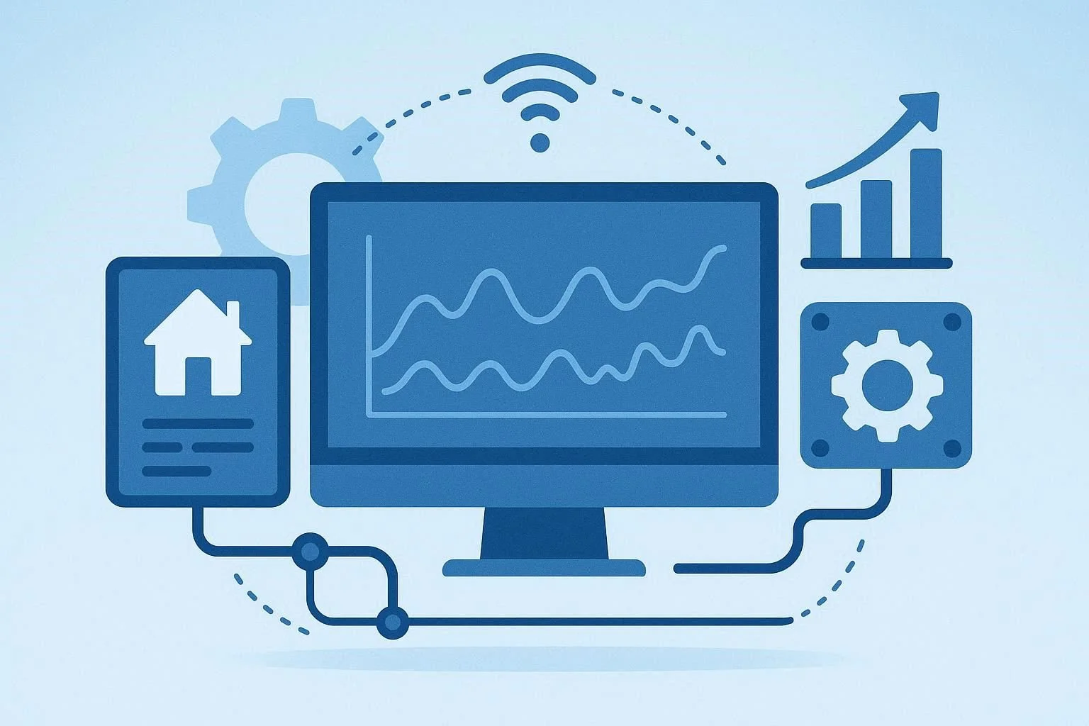 Technology illustration showing a monitor with analytics graph, a mobile device with house icon, gears, a Wi-Fi symbol, and upward trend chart.