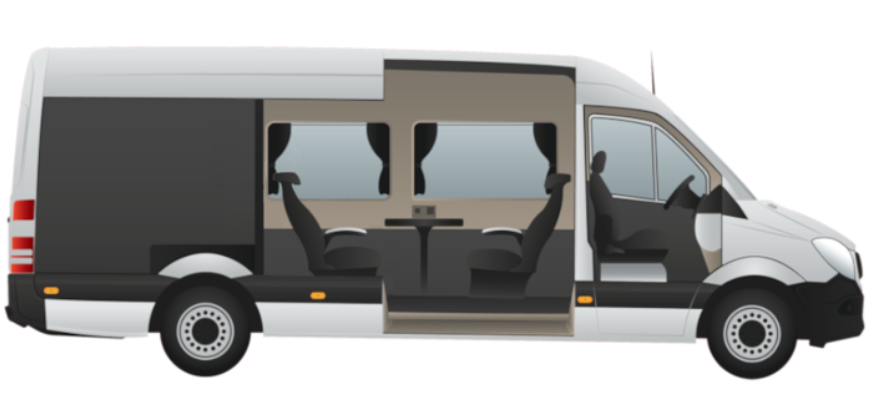 A cutaway illustration of a white passenger van showing the interior seating arrangement, including two front seats and a row of additional seats behind them.