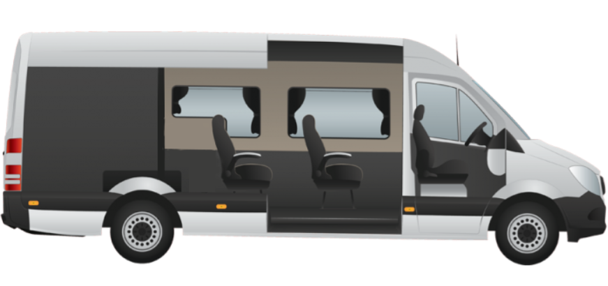 Illustration of a gray and black passenger van with large windows and two middle seats visible.